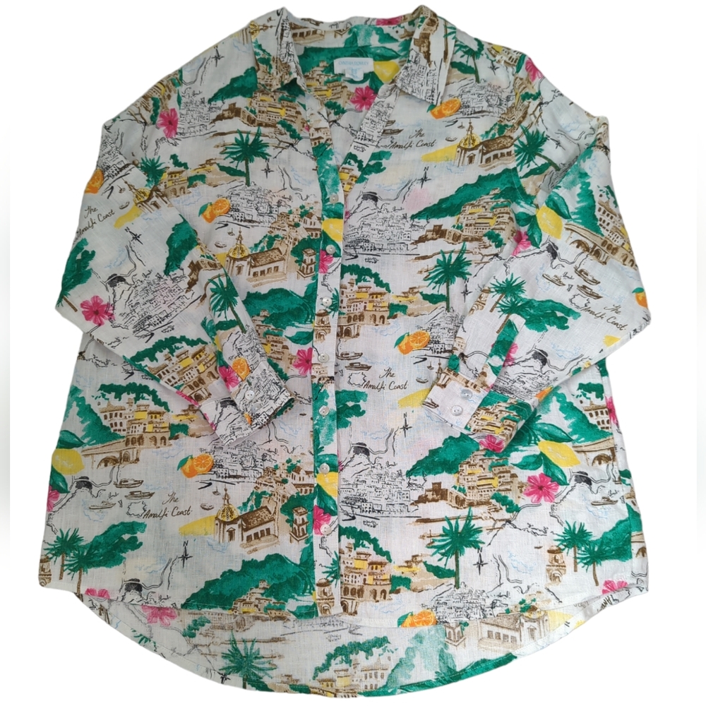 Cynthia Rowley 100% Linen button shirt blouse, women's 1X, Coast Print